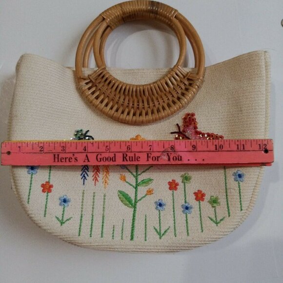 Handmade Embroidered Canvas Tote Bag With Bamboo Handles & Colorful Flower & But - Picture 4 of 9